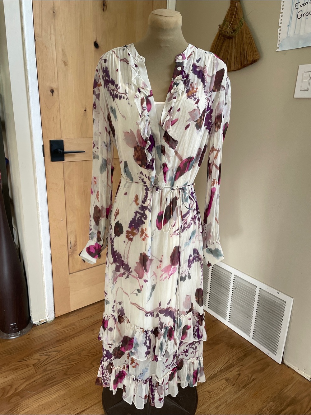 Reiss Viscose Floral Long Sleeve Ruffle Wrap Dress